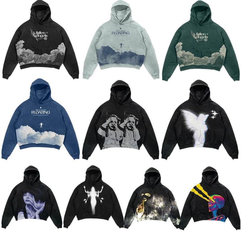 Foreign Trade American Washed Distressed Men's Short Hooded Sweatshirt Cloud Sea Angel Skull Portrait Multi-Pattern Print