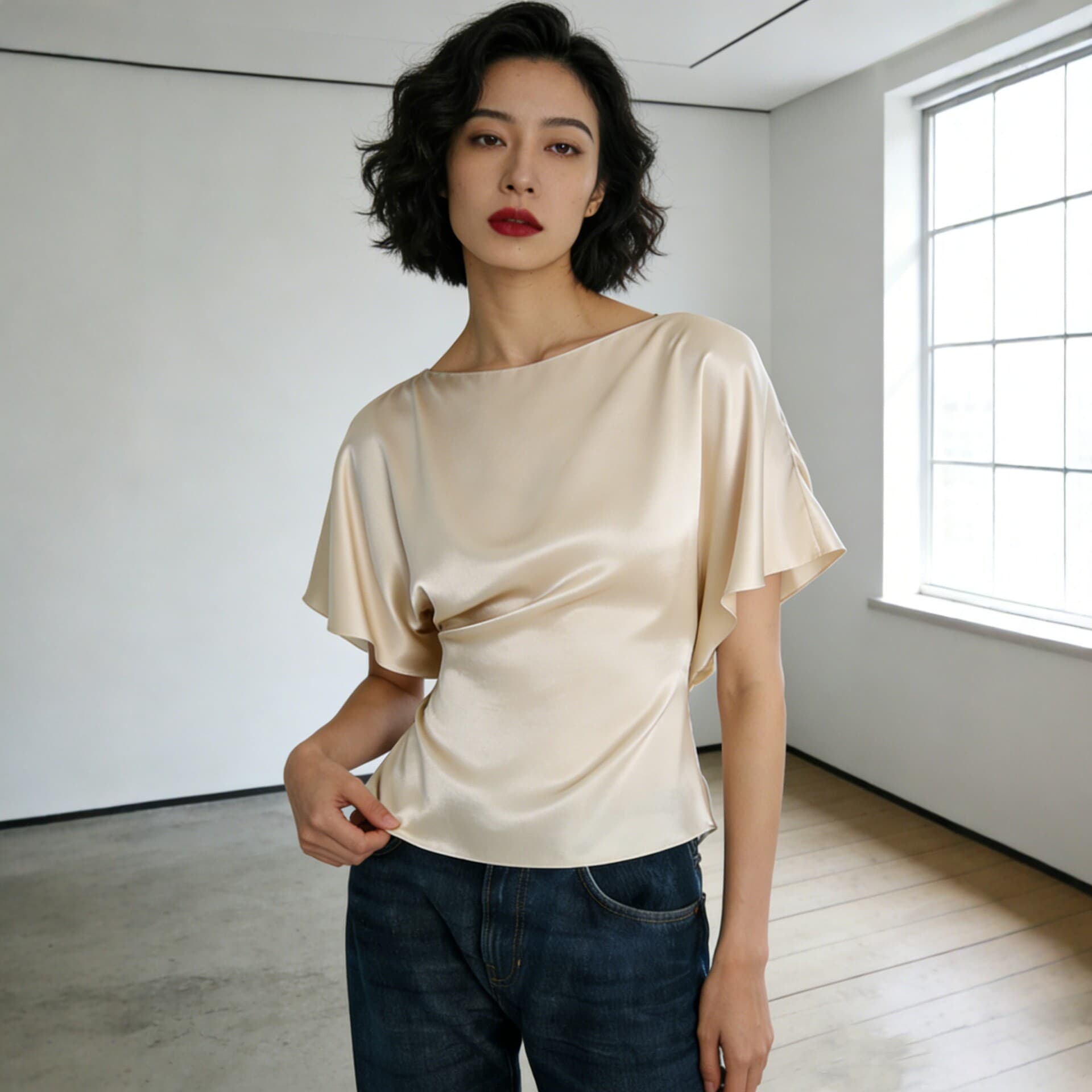 High-end Imported Acetate Minimalist Flared Sleeve Blouse with Adjustable Back Drawstring, Loose Design Comfortable Top