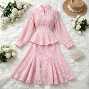 Cross-border Custom Women's Suit Pearl Lapel Lace Ruffle Patchwork Two-Piece Set Casual Women's Clothing Early Autumn Complete Set