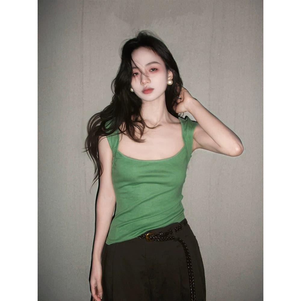 Thailand Exquisite Green U-Neck Sleeveless Camisole Top for Women, Summer Unique Stylish Outerwear or Layering, Trendy Fitted Top