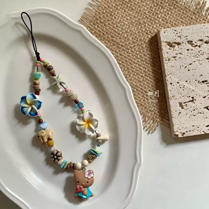 Original Summer Starfish KT Beaded Phone Chain CCD Camera Anti-Loss Wrist Rope Beaded Island Sunflower Pendant