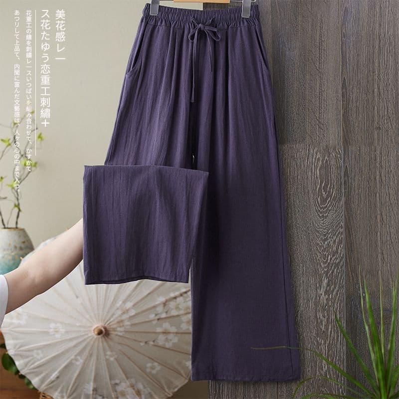 Casual Elastic Waist Cotton Linen Dopamine Wide Leg Pants Versatile Straight Pants Summer Autumn New Loose Fit