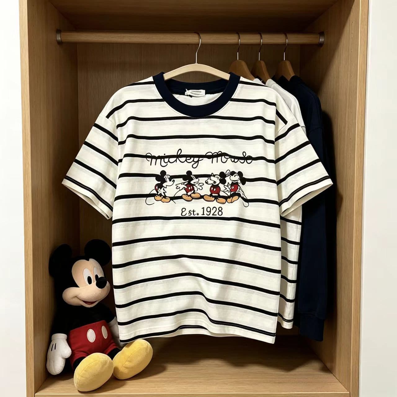 2026 Korean women's T-shirt Disney Mickey embroidered beige black stripes versatile loose lazy style short-sleeved wholesale