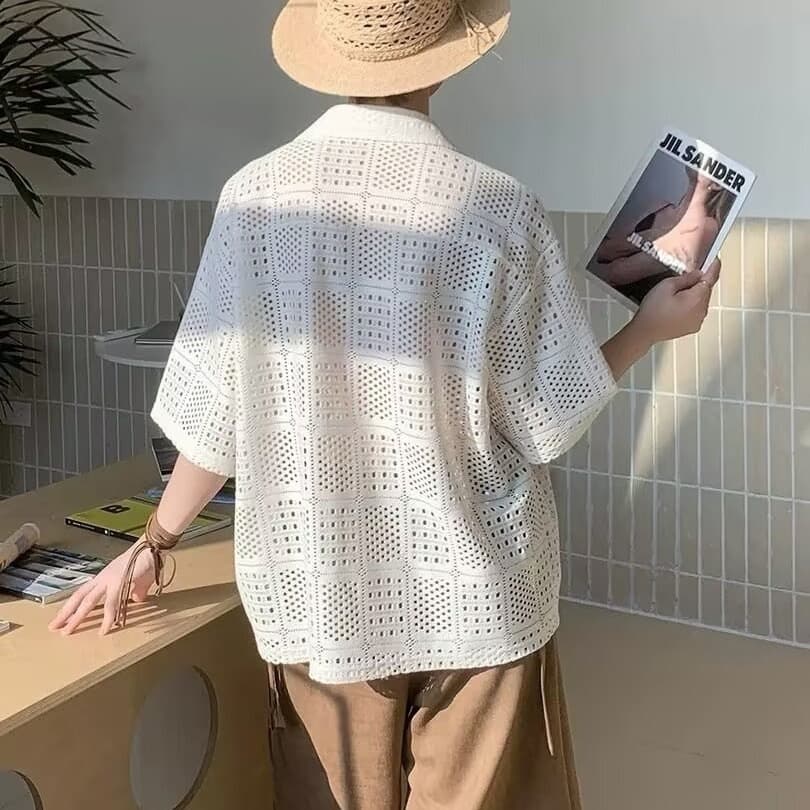 2026 New Summer Retro Casual Loose Cardigan Short-Sleeve Knitwear Thin Hollow-Out Design High-Street Men's Clothing