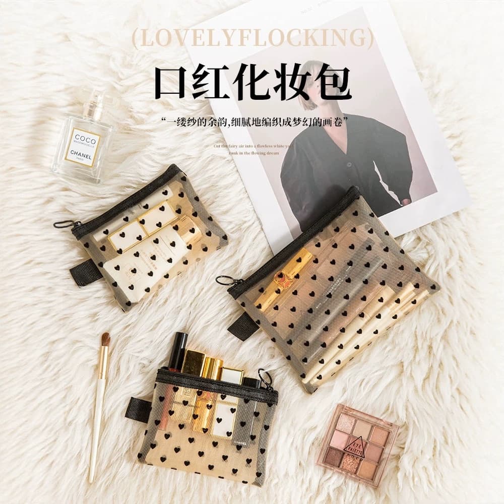 Heart-Shaped Mesh Cosmetic Bag 2024 New Portable Lipstick Touch-Up Travel Large-Capacity Mini Bag Starting from One Piece