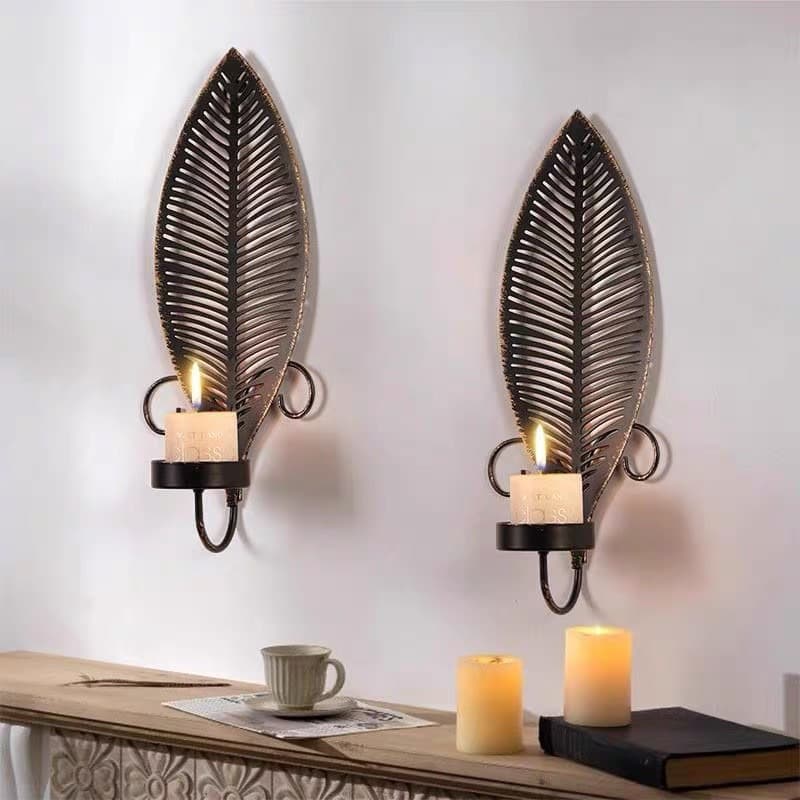 Retro European Iron Art Black Gold Candlestick Wall Hanging 2-Piece Set Living Room Wall Decor Aromatherapy Candlestick