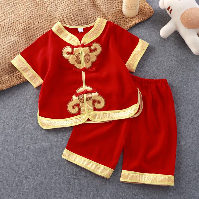 2025 Chinese Style Boys' Dragon Descendant Tang Suit Artificial Cotton Short-Sleeve Set with Double Qilin for Performance