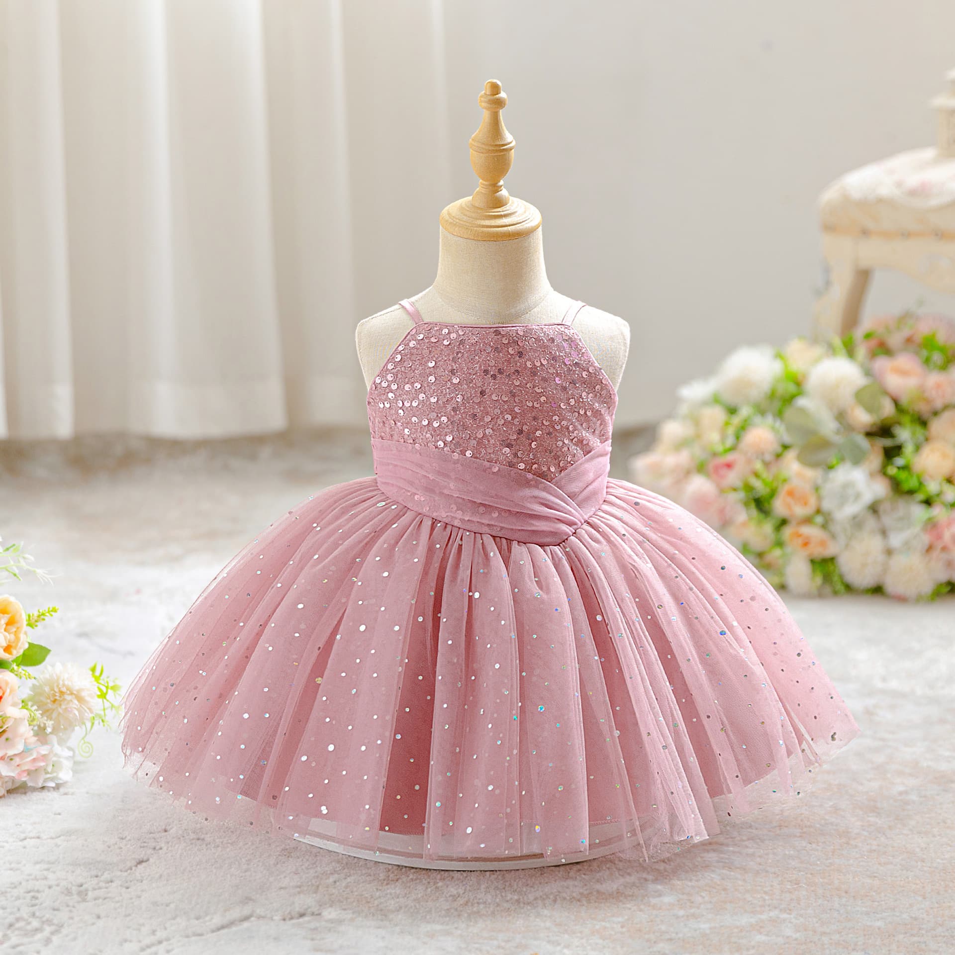 Cross-border Amazon Children's Beaded Strap Princess Dress Flower Girl Tulle Gown Little Girl Host Performance Costume