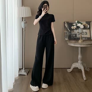In Stock European Style High-End Casual Sportswear Set Women Summer Slimming Short Sleeve Top Wide Leg Pants Two-Piece Set
