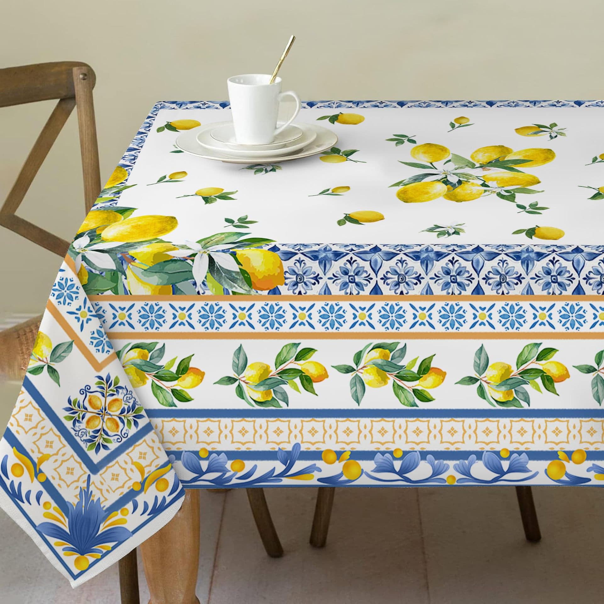 Cross-border foreign trade Mediterranean blue lemon pattern waterproof tablecloth digital printing creative gift removable and washable factory direct sales