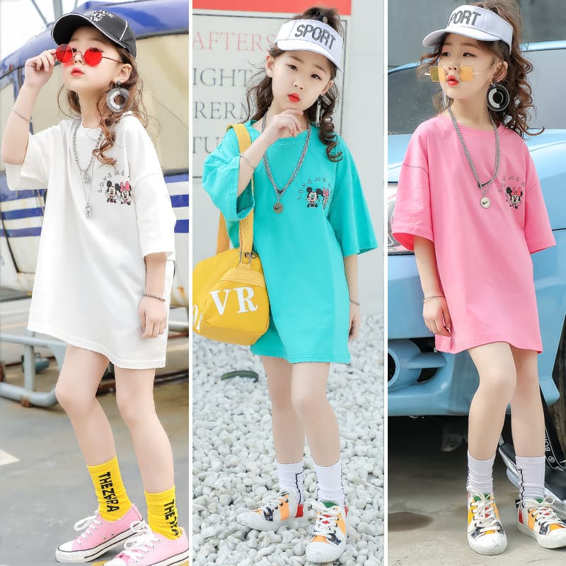 Girls Short Sleeve T-Shirt Dress Fashionable 2023 Summer Mid-Length Large Size Korean Loose Casual Tunic Top