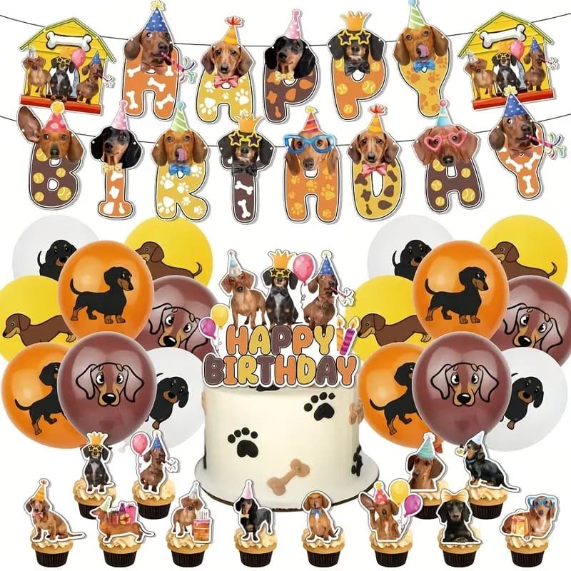 Dachshund Birthday Party Decoration Kit Banner Cake Toppers Balloon Set