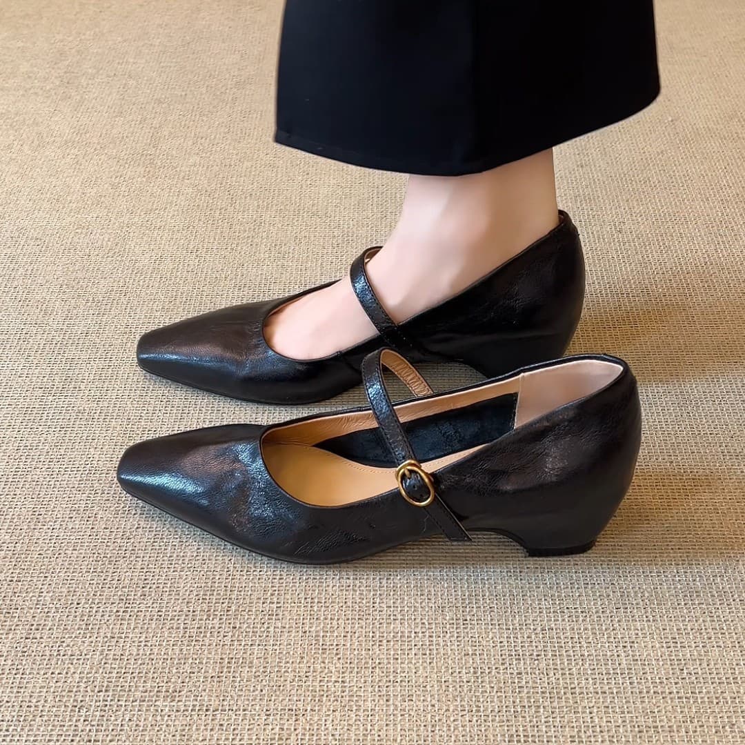 Genuine Leather French-Style Single-Strap Shallow Mary Jane Shoes with Hidden Height Increase, Pointed Toe, for Petite Women, Mid-Heel Shoes