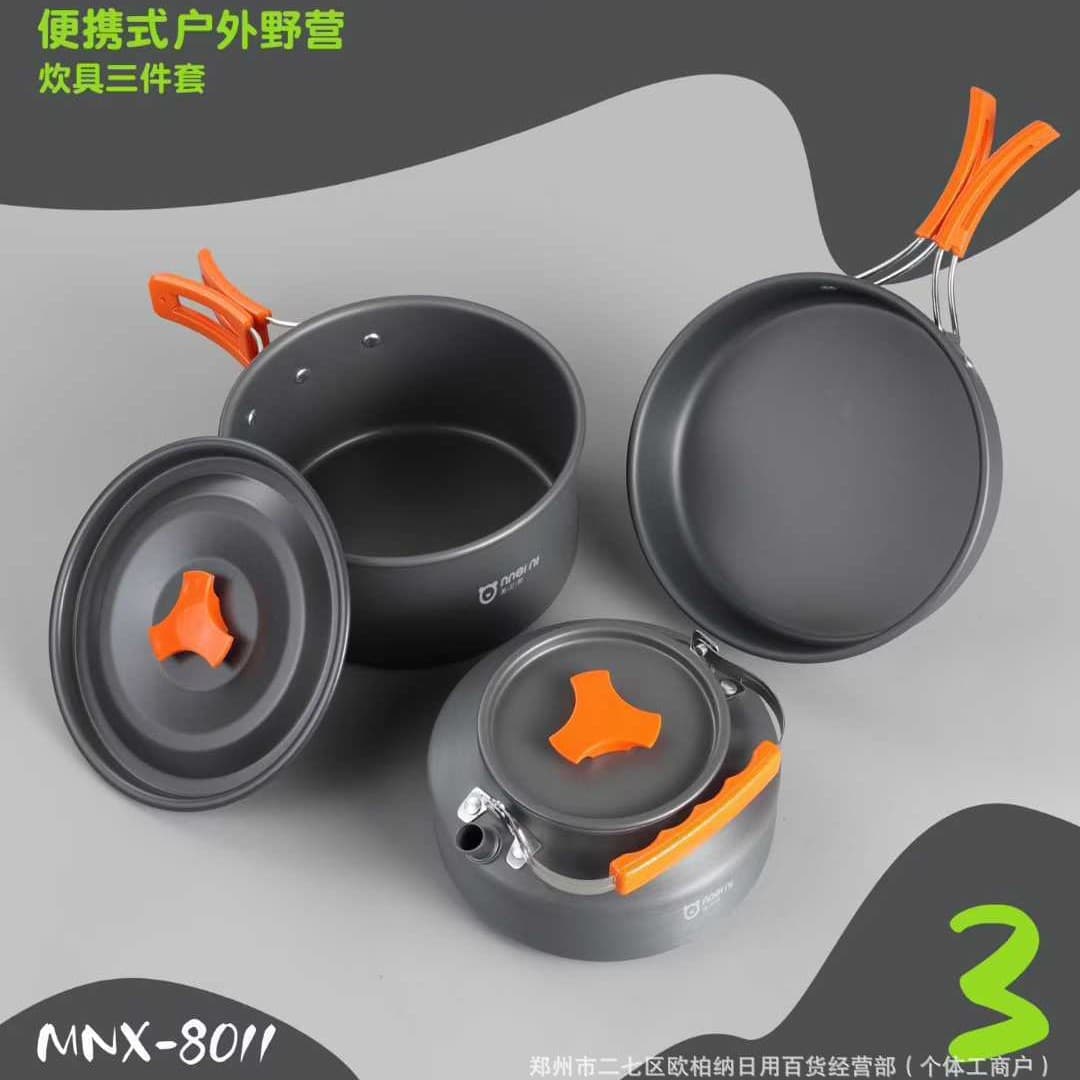 Meini Bear Outdoor Camping Cookware 3-Piece Set Portable Kit with Kettle, Frying Pan, and Camping Gear