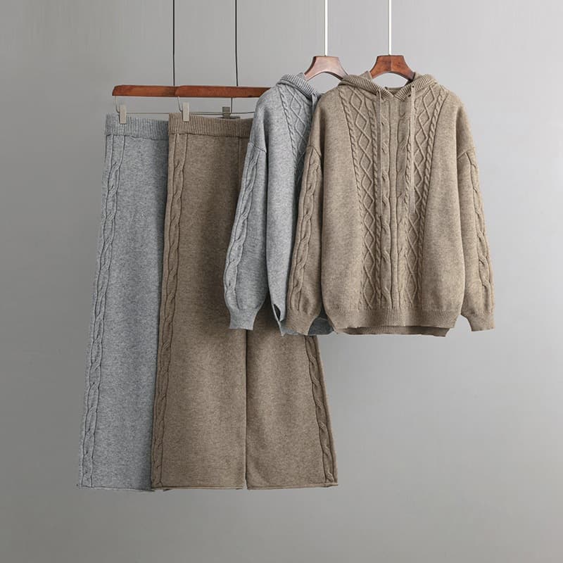 Fall/Winter New Design Set: Drawstring Hooded Loose Knit Sweater + Flowing Wide-Leg Long Pants, Cable Knit Two-Piece Trend