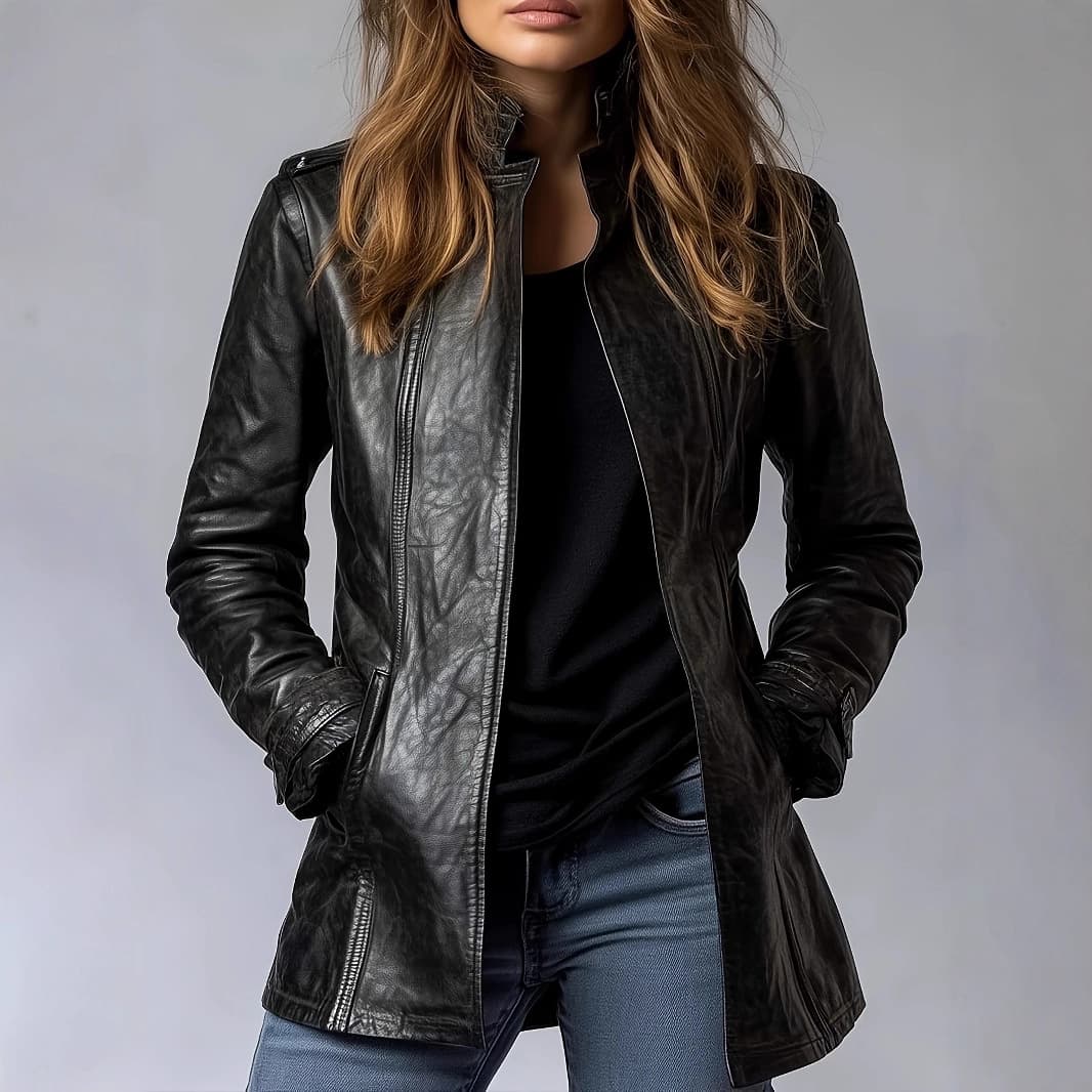 Cross-border Amazon European and American women's leather jacket with stand collar, long sleeves, distressed trendy fashionable gothic PU leather jacket