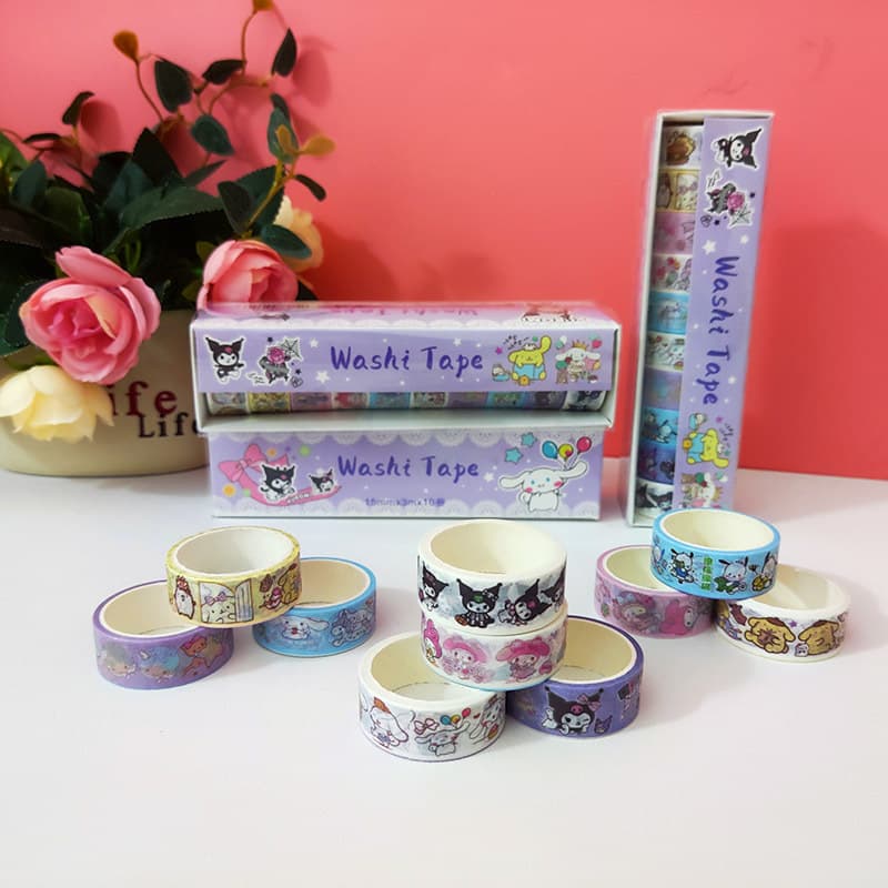 Sanrio Cartoon Washi Tape 10-Roll Set, Children's Scrapbook Materials Decoration Cute Stickers, Elementary Student Stickers