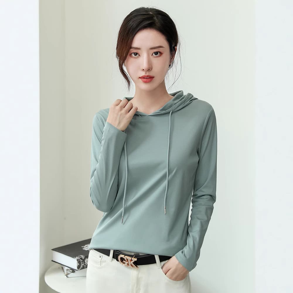 Silk-Matted Cotton Hoodie T-Shirt Women's Spring Fashion Lightweight Versatile Long Sleeve Pure Cotton Basic Top Macaron Color