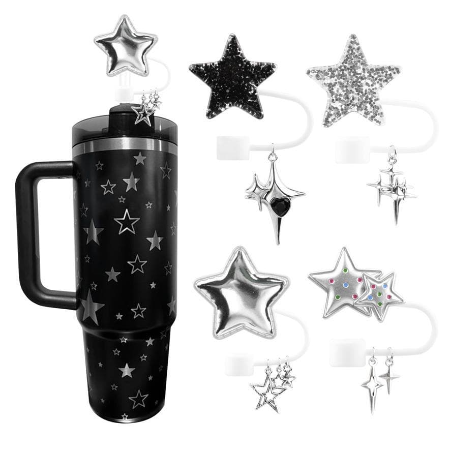 Resin Straw Topper Set Stanley Cup Silicone Straw Cover Y2K Cute Glitter Star Straw Cap Stanley