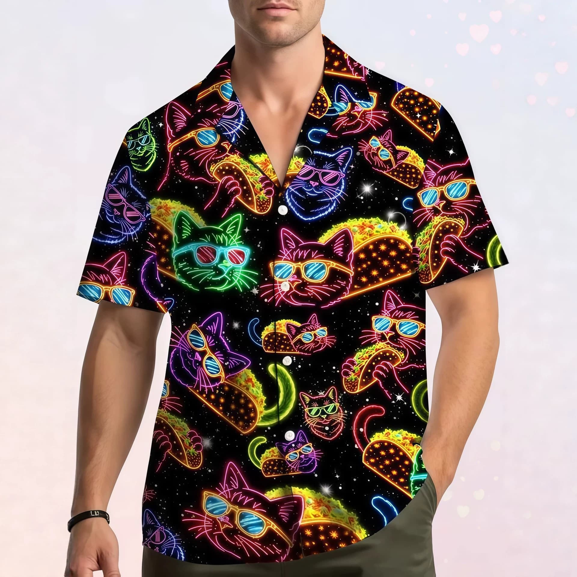 New American Retro Neon Cat Print Shirt Camp Collar Comfortable Versatile Vacation Shirt