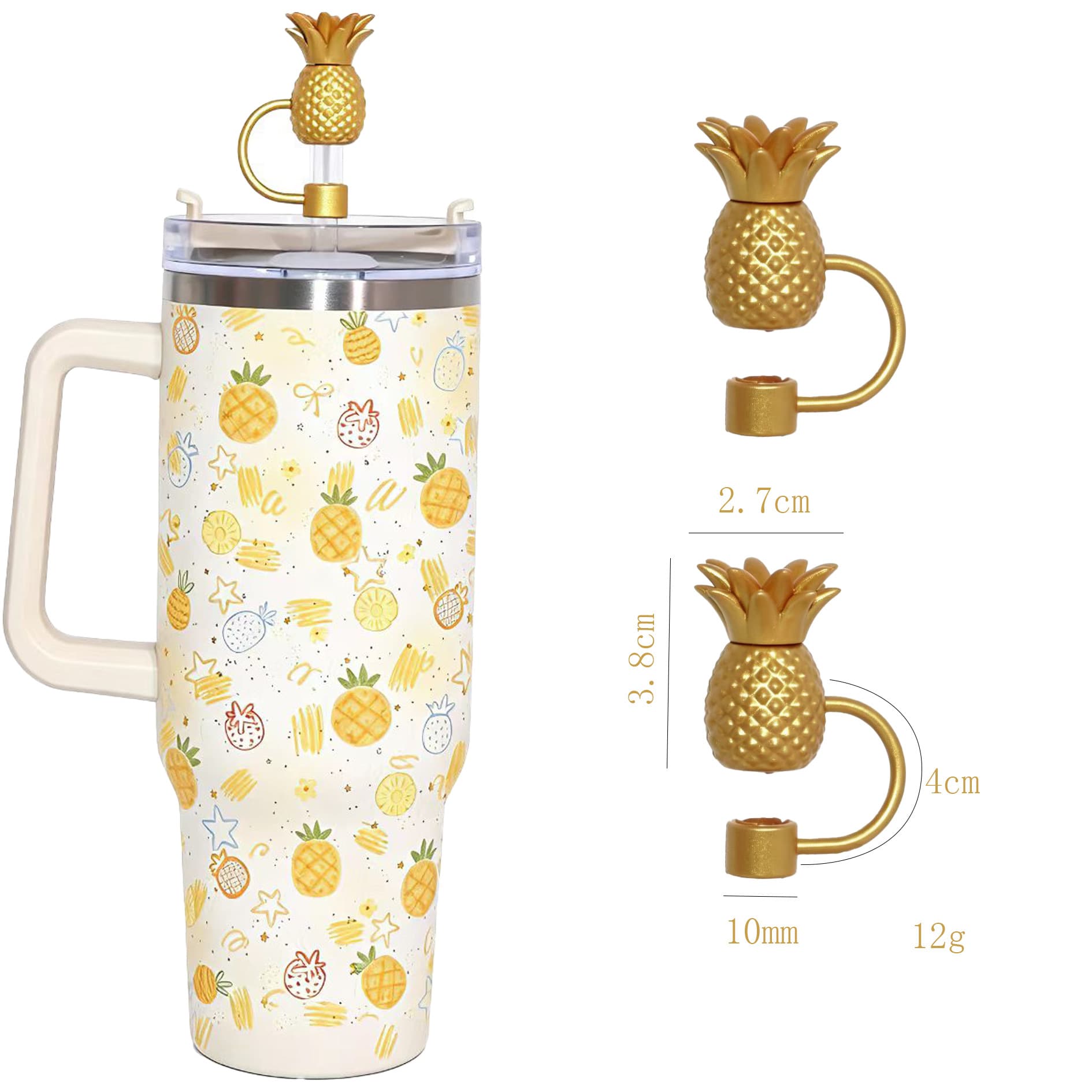 Stanley 40oz Compatible 10mm Straw Cap Summer Style Leak-Proof PVC Eco-Friendly Soft Silicone Golden Pineapple Straw Plug