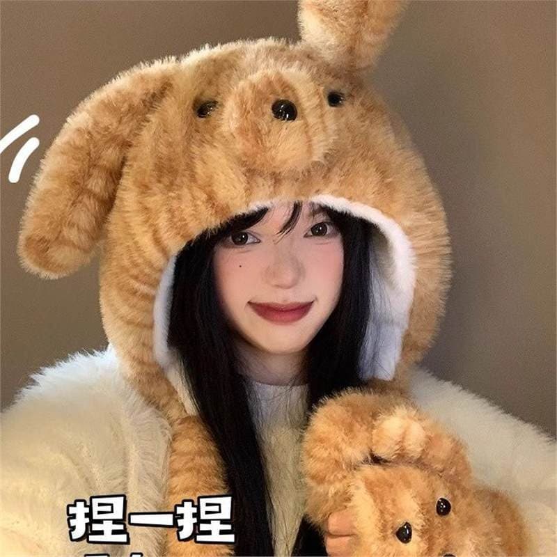 Tiger Stripe Puppy Ears Movable Plush Hat Women Winter Cute Cartoon Thickened Warm Cold-proof Ear Protection Lei Feng Hat