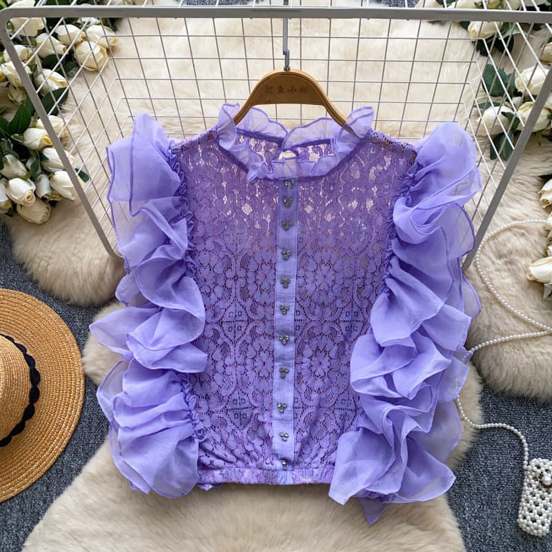 Korean style purple lace spliced ruffled sleeveless shirt for women, skin-friendly, breathable commuting diamond-encrusted waist-cinching top