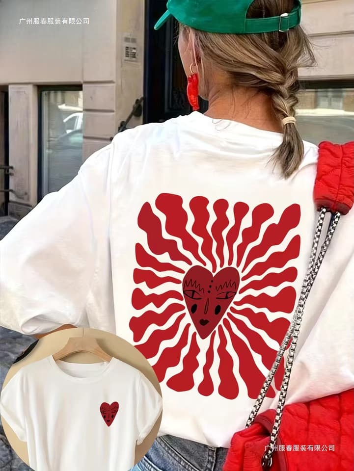 Abstract Heart Face T-shirt Women's Aesthetic Sunshine Pattern T-shirt Summer Short Sleeve Harajuku Street Casual Women's Top Cotton