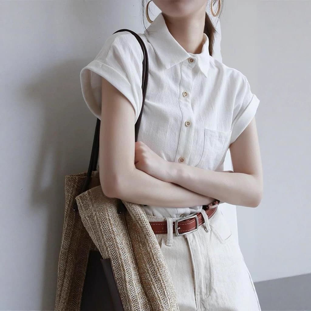 Women's Cow Ear Sleeve Design Short Sleeve Blouse 2026 Summer New Arrival Breathable Comfortable White Shirt Top