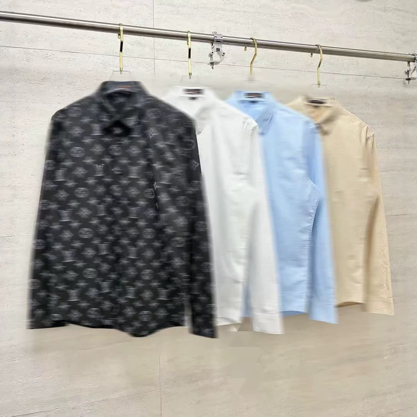 Cross-border European Station Correct Version 1v Louis Vuitton Style Full Print Logo Cotton Long-Sleeve Shirt Couple High Quality