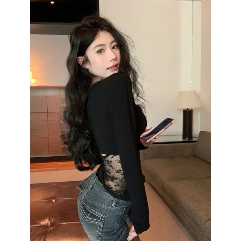 Beware of machine hollow lace long-sleeved T-shirt for women 2025 new style hot girl square neck slim slimming bottoming top