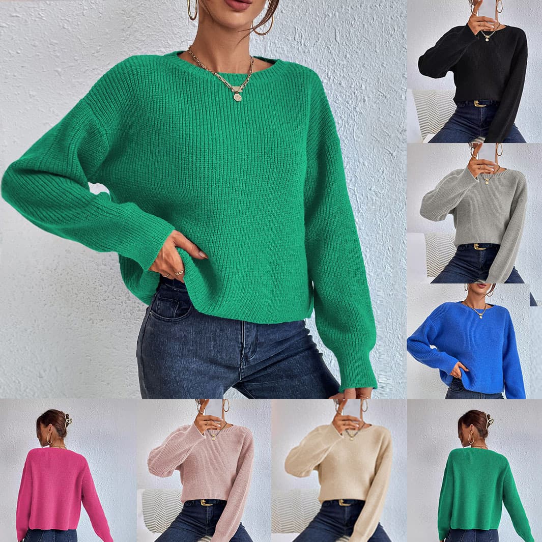 Autumn Winter Short Loose Long Sleeve Women's Knitted Sweater Comfortable Casual Style Round Neck Pullover Cotton Blend
