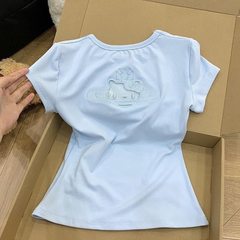 Edgy Off-Shoulder Backless Short Sleeve T-Shirt for Women 2025 Spring New Fitted Design Embroidered Waist-Cinching Top Trendy