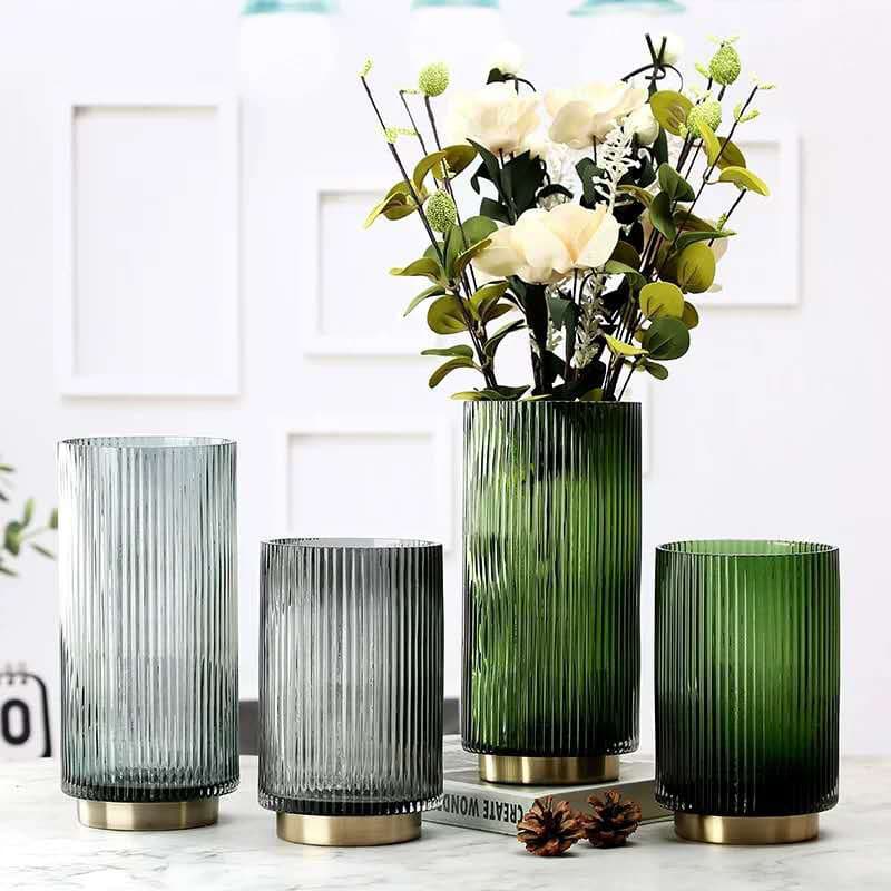 Nordic INS Colored Vertical Stripe Gold Rim Copper Ring Glass Vase Large Size Hydroponic Living Room Flower Arrangement Decorative Ornament
