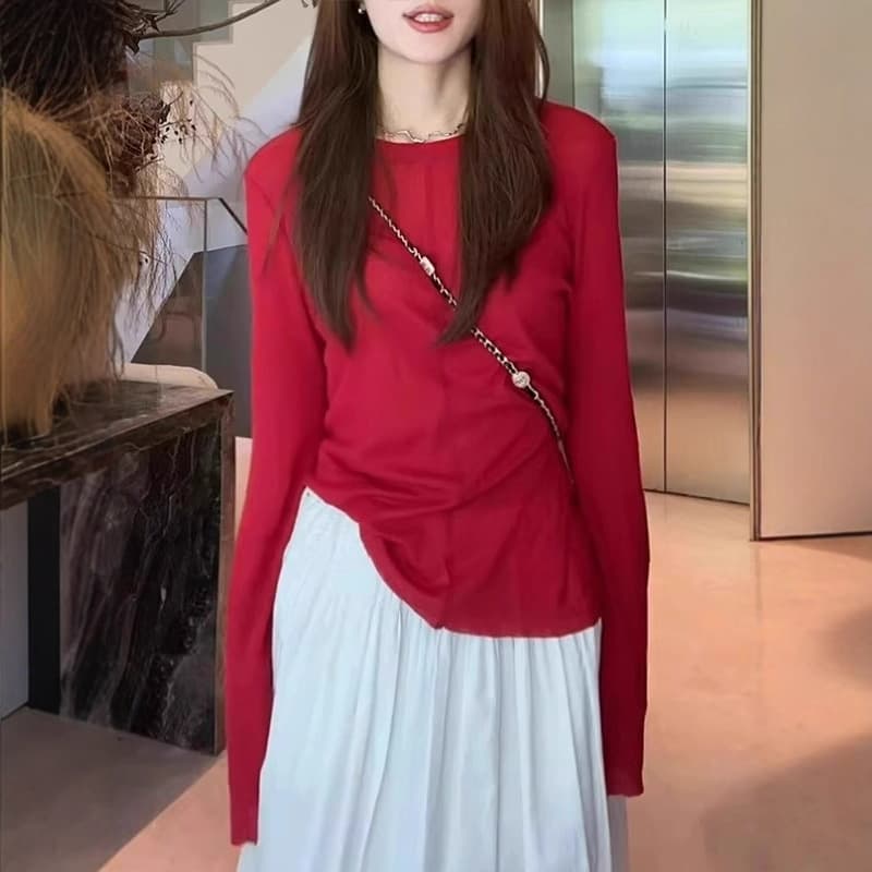 Women's Red Long-Sleeve Air-Conditioned Sun Protection Blouse Round Neck T-Shirt 2025 Summer New Elegant Thin Ice Silk Top