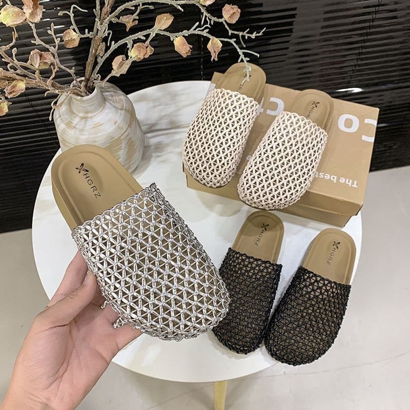 Fishnet Sandals Breathable Thick Sole Birkenstock Slides 2026 New Mesh Woven Closed-Toe Mules for Women Summer Outdoor Wear