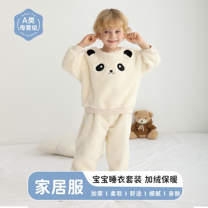 Children's flannel pajamas set, plus velvet and thickening, autumn and winter warm pullover, round neck home clothes, older children's baby coats