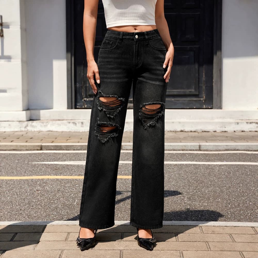 Cross-border Amazon American design ripped wide-leg slim jeans for women, fashionable and casual European and American foreign trade pants