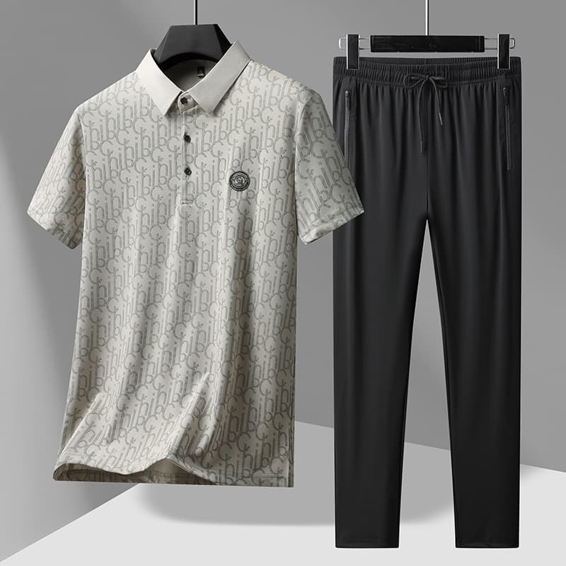 Ice Silk Quick-Dry Men's Short Sleeve T-Shirt and Pants Set, Summer Polo Shirt for Men, Father's Summer Outfit, 2-Piece Set