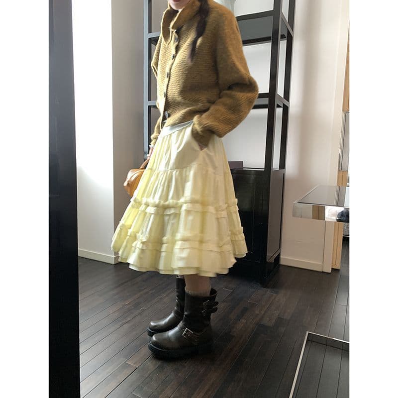 Flattering Slimming Gentle Style Yellow Midi Skirt Women Autumn Winter New Plus Size Versatile High Waist Lace Cake Skirt