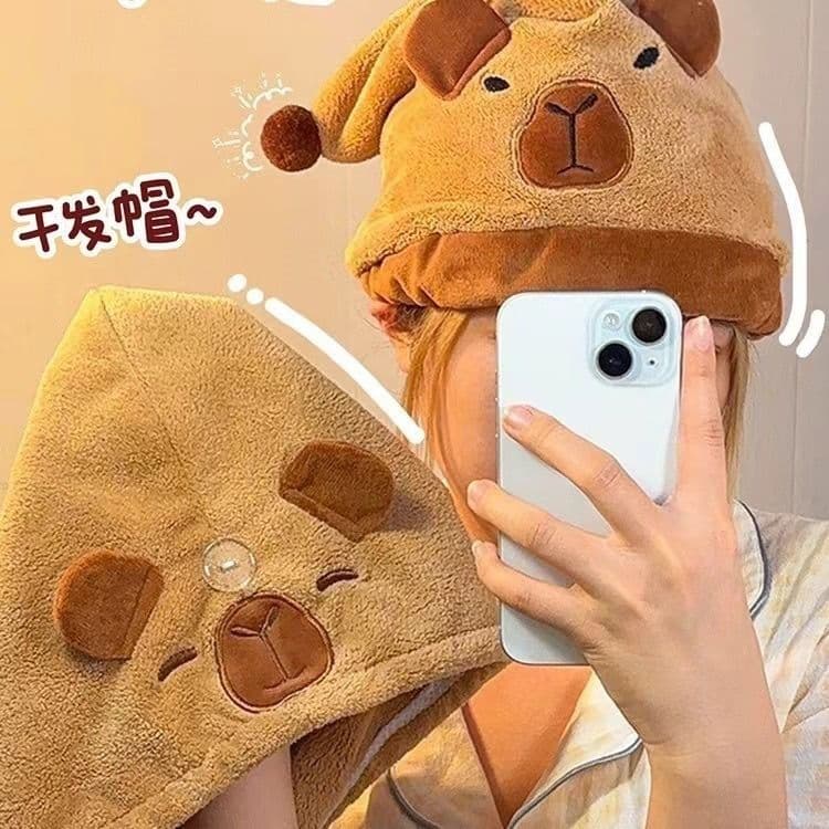 Cross-border New Capybara Hair Drying Cap for Women, Absorbent Quick-Dry Hair Wrap Towel, Cute Coral Fleece Capybara Shower Cap