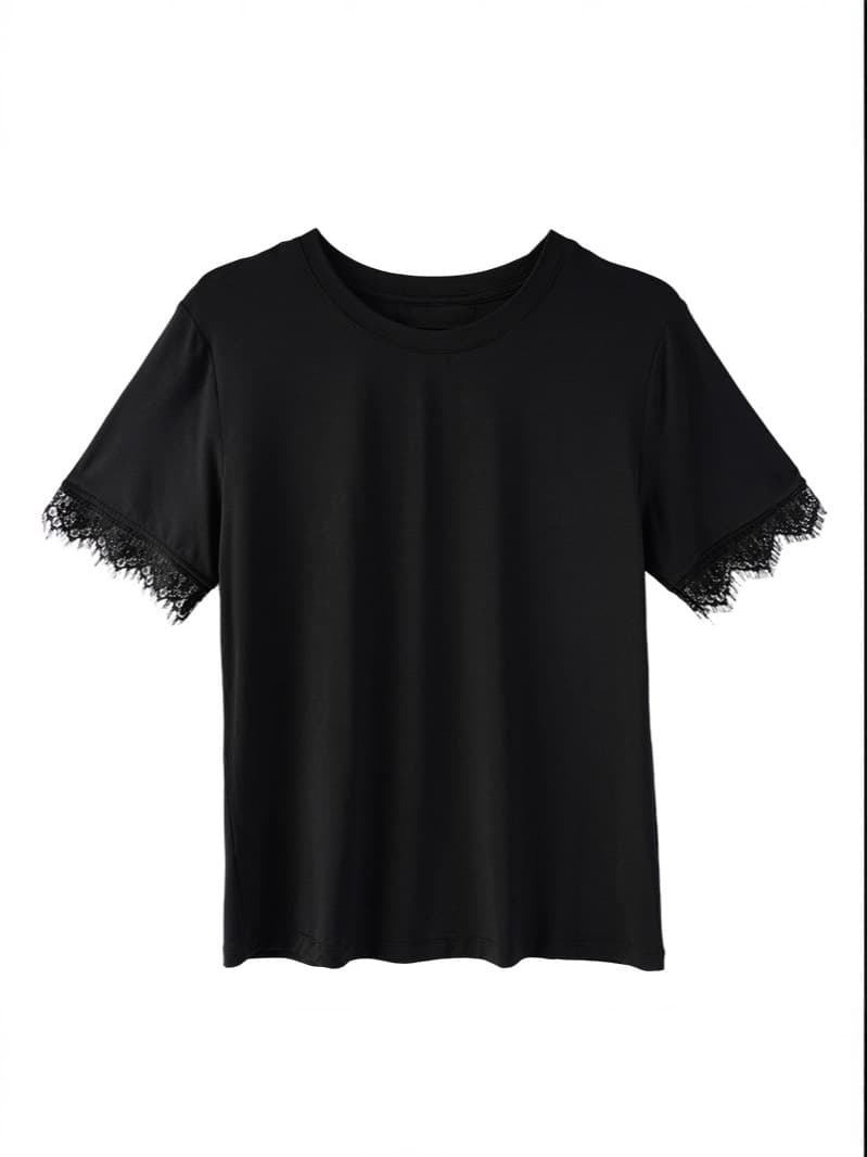CANVAUS Modal Round Neck T-Shirt Women Summer New Short Sleeve Solid Color Lace Trim Sleeve Slim Fit Top