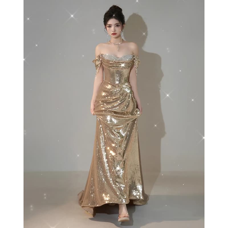 2025 New Wedding Dress Gown Stunning Mermaid Style Gold One-Shoulder Host Evening Dress for Women
