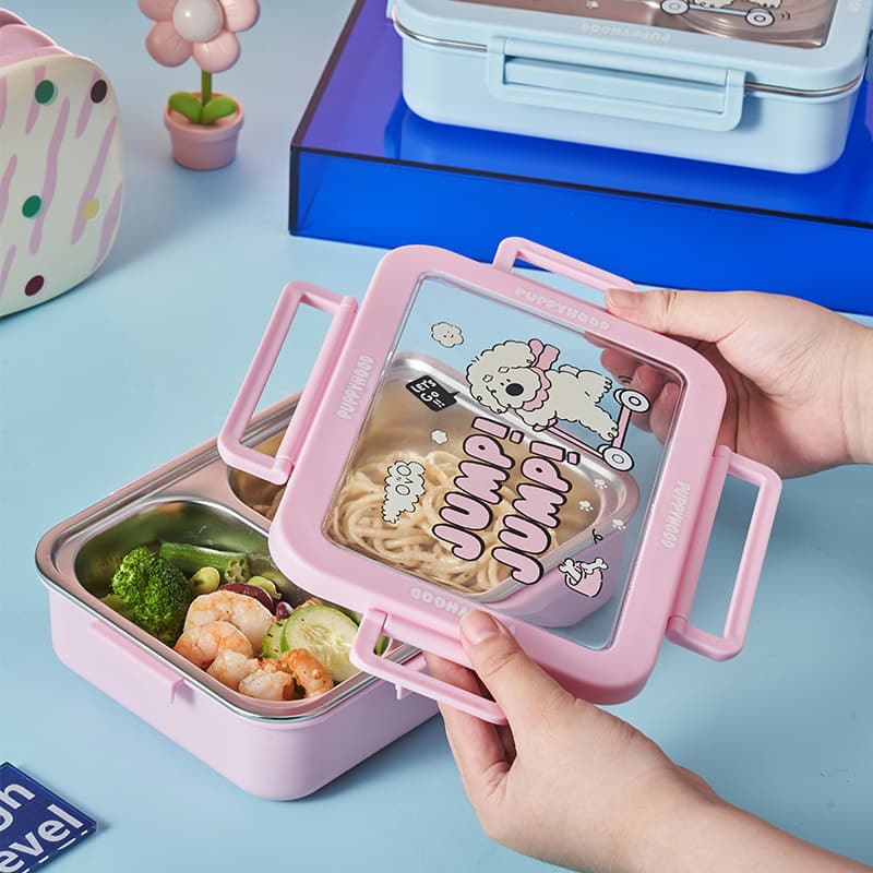 [Cartoon Dog] Cute stainless steel lunch box with lid and four-buckle lunch box for office workers with compartments and soup bowl lunch box