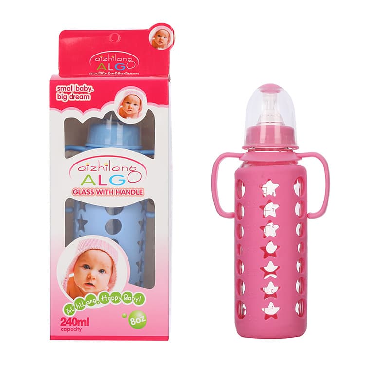 ALG glass baby bottle, standard neck, nipple bottle, single color handle with silicone sleeve, newborn glass baby bottle.