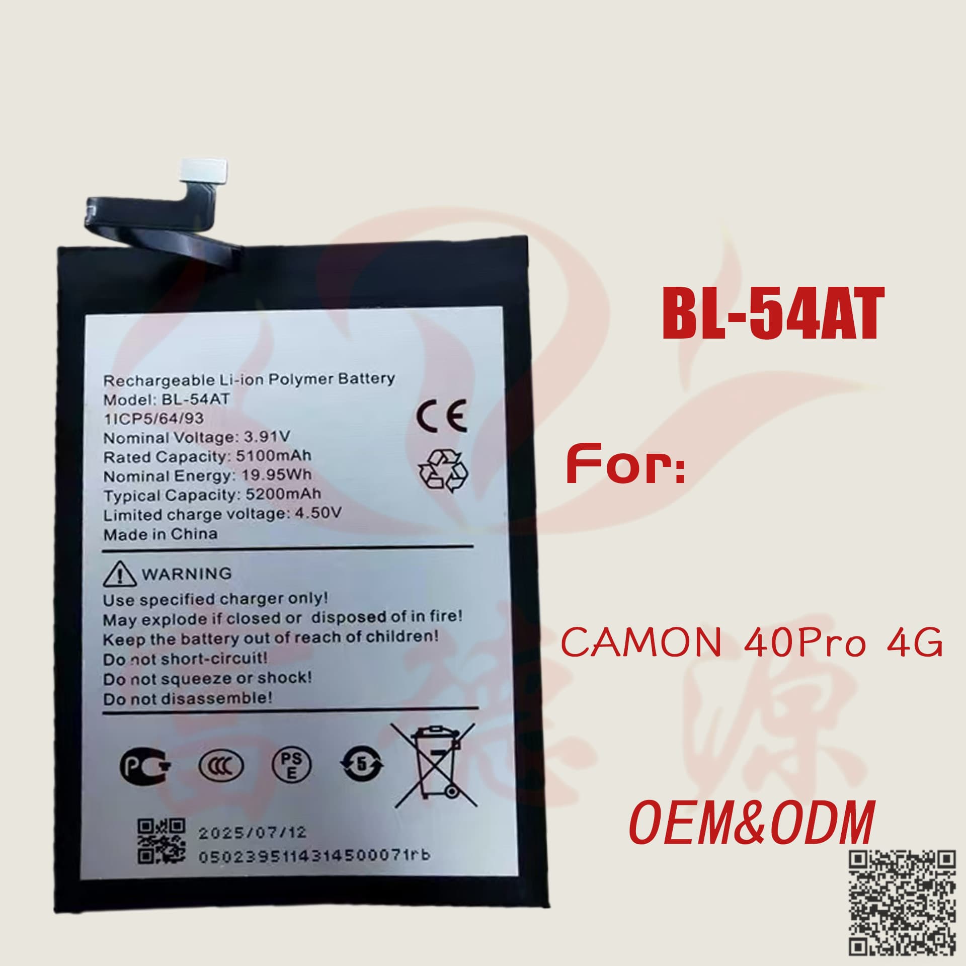 BL-54AT phone battery for TECNO CAMON 40 Pro 4G mobile phone battery wholesale