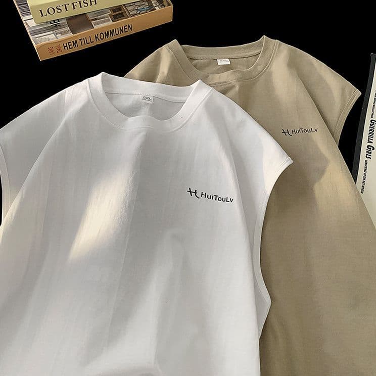 Cotton T-Shirt American Tank Top Men's Summer New Trendy Brand Letter Logo Oversize Relaxed Fit Round Neck Sleeveless Top
