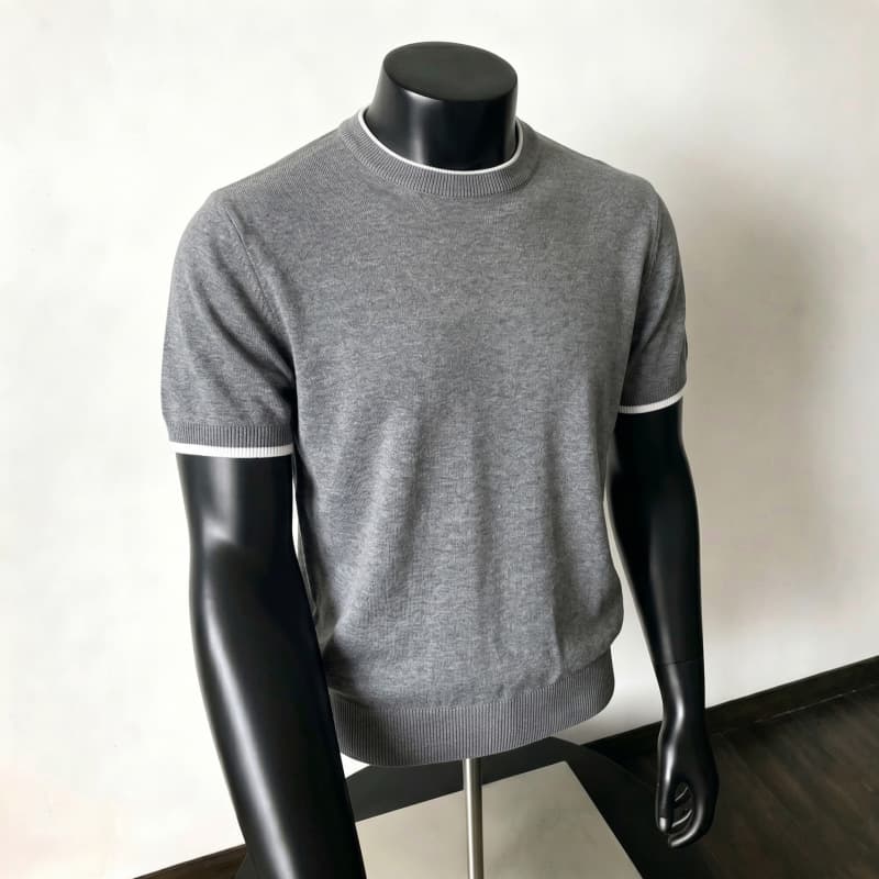 American Retro Two-Layer Knit Short Sleeve Solid Color Contrast Round Neck T-Shirt for Men, Summer