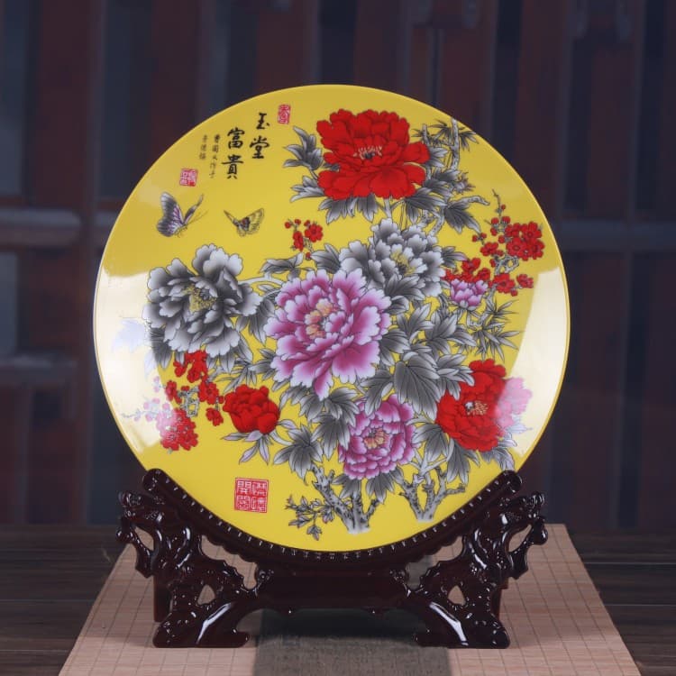 Porcelain Craft Ornaments, Yellow Peony "Jade Hall Wealth" Ceramic Decorative Plates, Wall Hanging Commemorative Dishes