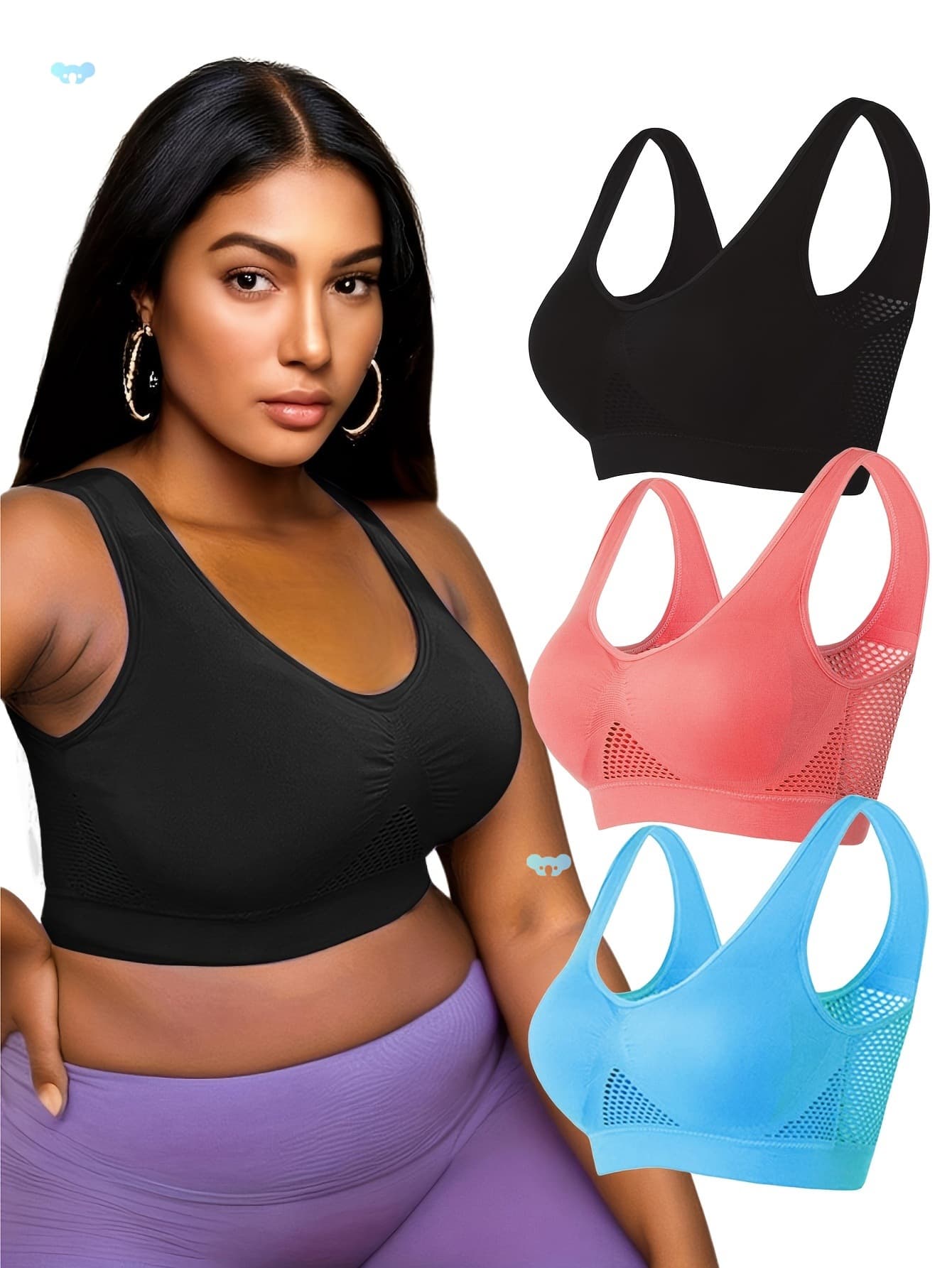 3-Pack Women's Plus Size Sports Bra, Super Soft Hollow